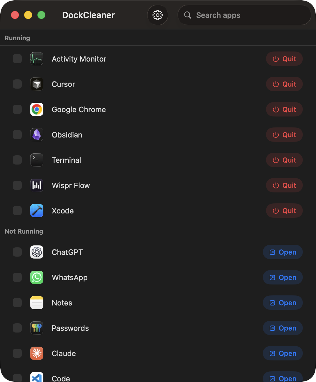 DockCleaner main list of running and not running apps