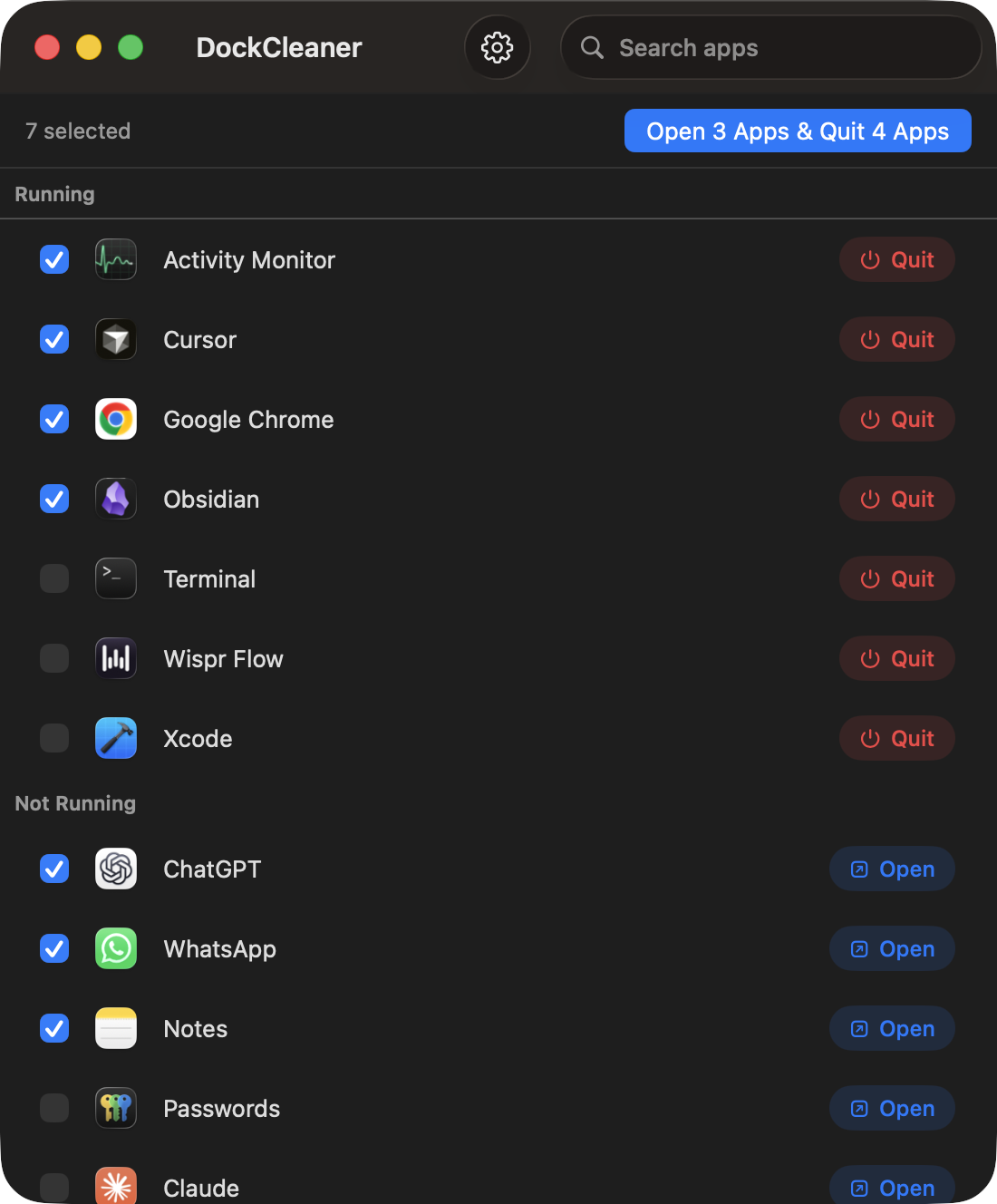 DockCleaner multi-select: Open 3 Apps and Quit 4 Apps