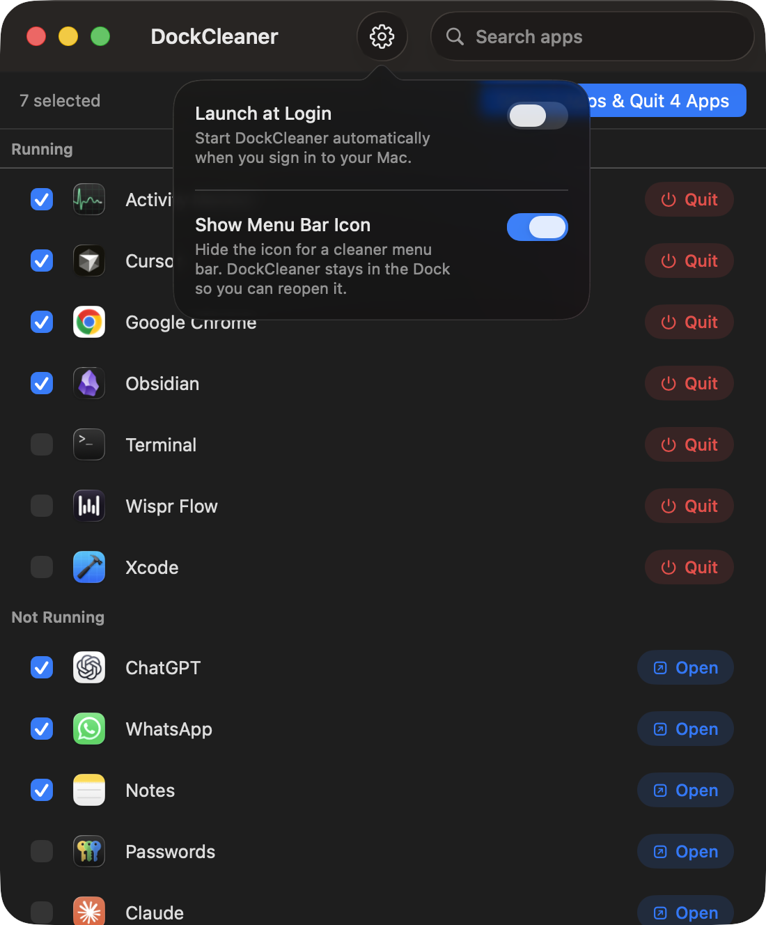 DockCleaner settings for Launch at Login and menu bar